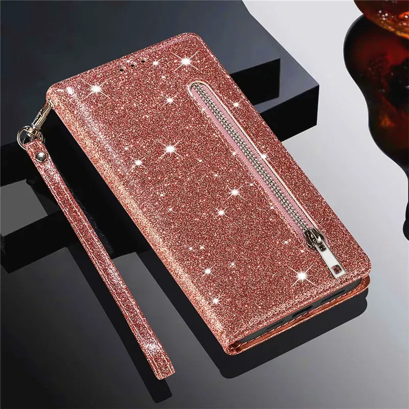Color: Beige, Material: Wood - Zipper Flip Wallet Glitter Leather Case for iPhone 16 15 14 13 12 11 Pro Max XS XR 8 7 Plus SE 2022 Mini Bling Stand Phone Cover