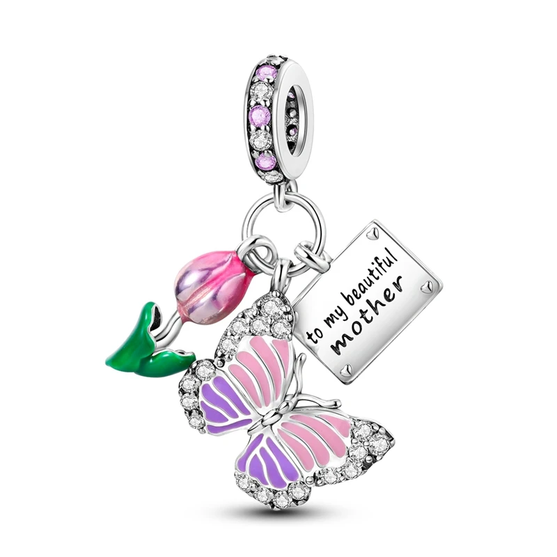 Color: Yellow Chili Red - Pink Series Charms 925 Silver Perfume Butterfly Charm Beads Pendent Dangle Fit Original Pandora Charm Bracelet DIY Women Jewelr