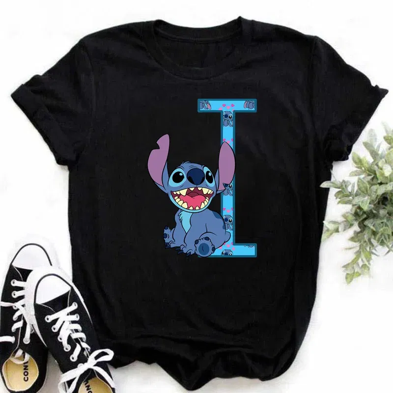 Color: Ivory, Size: S - Disney Lilo&Stitch A-Z Alphabet Summer Women's Printed T-Shirt Women's Casual Tops T-Shirt Fashion Cartoon Plus Size T-Shirt