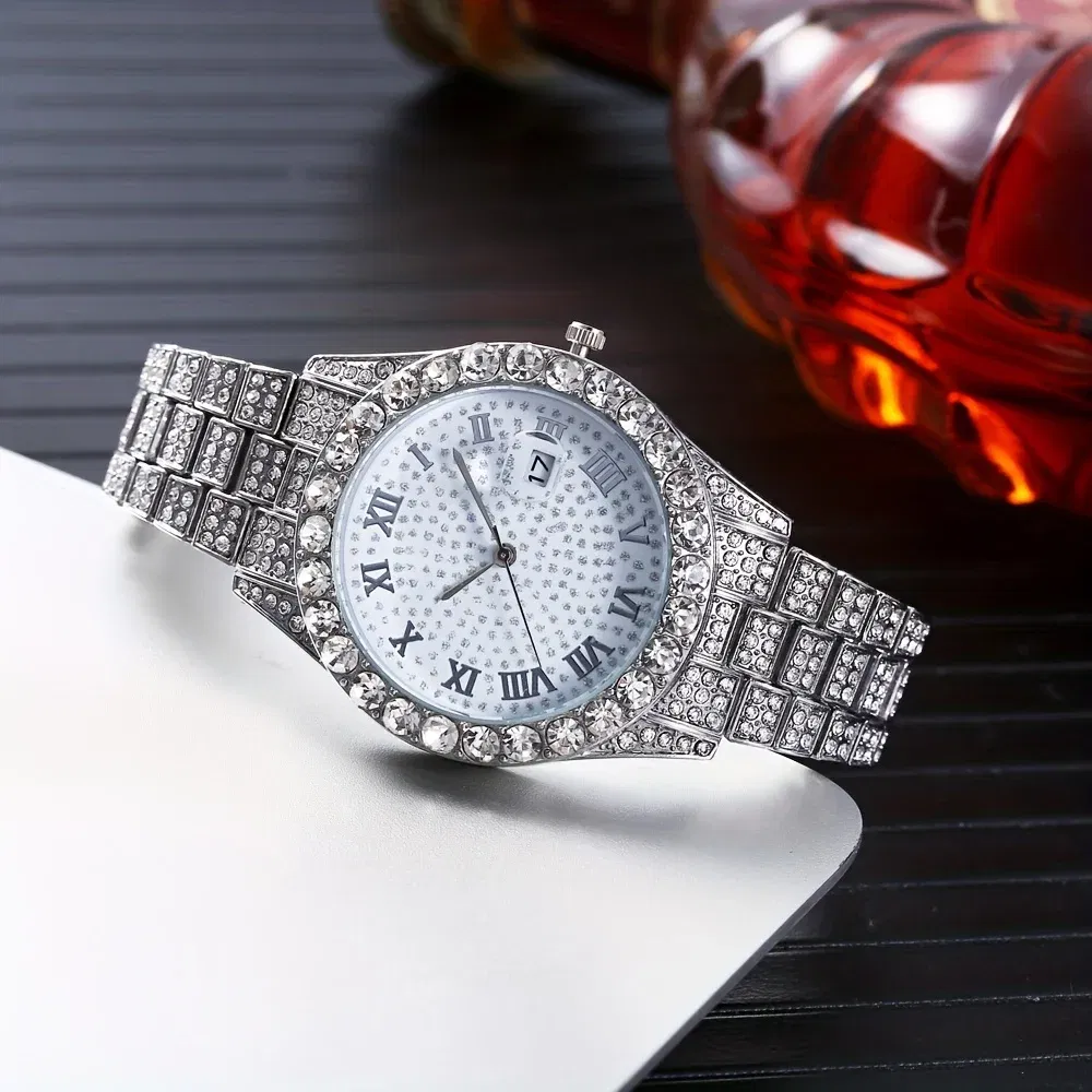 Color: Silver - Fashion Hip-hop Cuban Bracelet & Men's Steel Band Faux Diamond Watch, Fashion Men's Watch Set