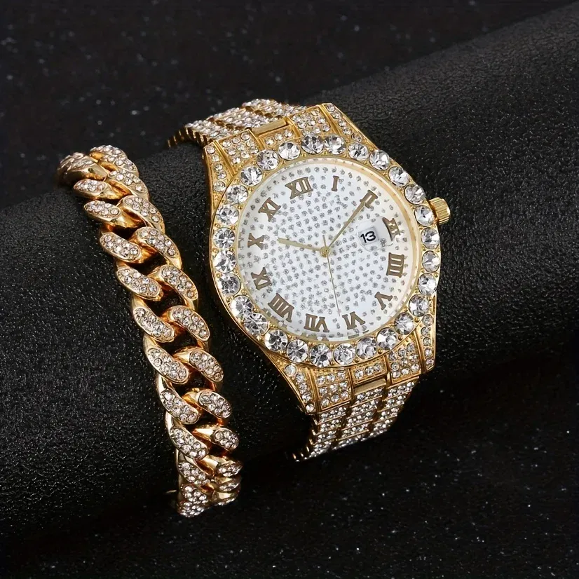 Color: Silver - Fashion Hip-hop Cuban Bracelet & Men's Steel Band Faux Diamond Watch, Fashion Men's Watch Set