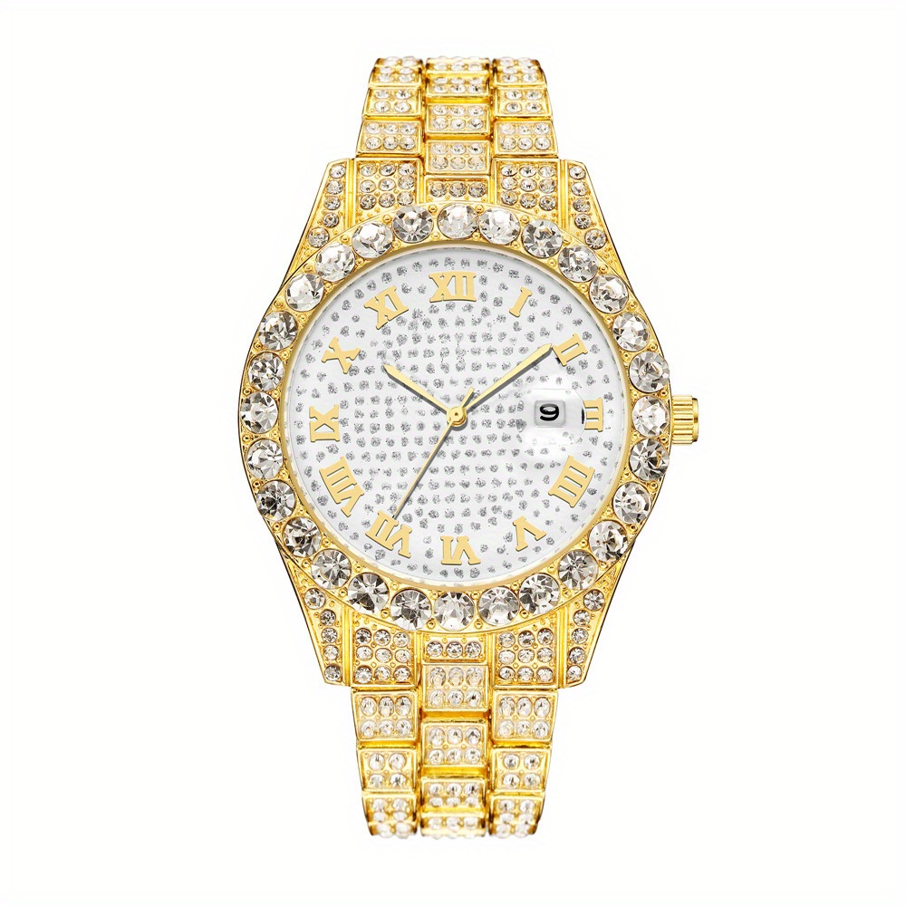 Color: Silver - Fashion Hip-hop Cuban Bracelet & Men's Steel Band Faux Diamond Watch, Fashion Men's Watch Set