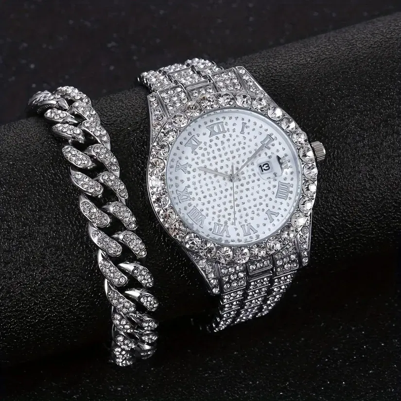 Color: Silver - Fashion Hip-hop Cuban Bracelet & Men's Steel Band Faux Diamond Watch, Fashion Men's Watch Set