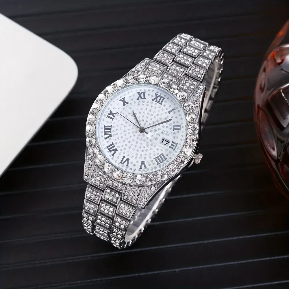 Color: Silver - Fashion Hip-hop Cuban Bracelet & Men's Steel Band Faux Diamond Watch, Fashion Men's Watch Set