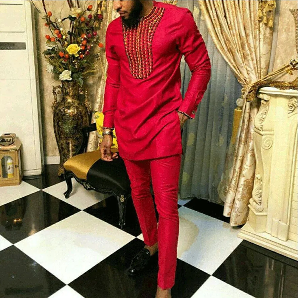 Color: SKY BLUE, Size: XXL - 2024 New African Traditional Men's Set Elegant and Fashionable Men's Suit Casual Embroidery Two Piece Set Men's Suit Kaftan