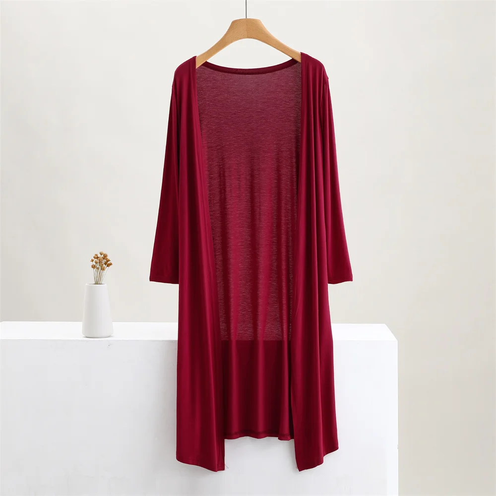 Color: Burgundy, Size: One Size - Summer Autumn 12 Colors Women Modal Long Cardigan Female Cotton Sweater Cardigans Long Sleeve Women Casual Coat Ladies Outerwear