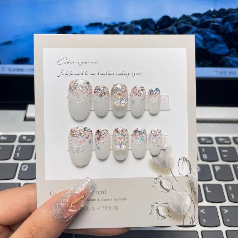Color: Blue - 10 pcs Luxury Handmade Press on Nails Middle Ellipse Clean Lines Design False Nails with 4-PIECE Tool Adhesive Nail Glue Tabs