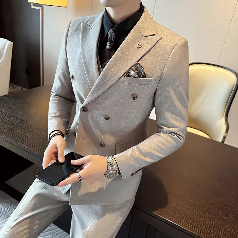 Color: black, Size: 4XL - 2025 Men's Double Breasted 3/2 Piece Business Casual Wedding Dress Suit with Trousers Regular Fit Bridegroom High Sense