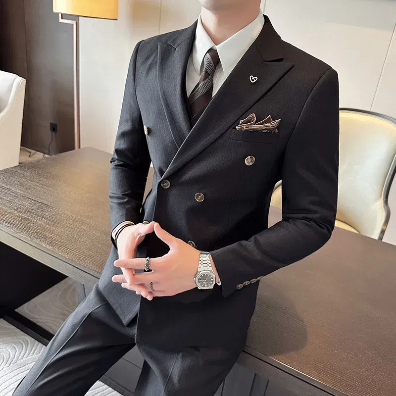 Color: black, Size: 4XL - 2025 Men's Double Breasted 3/2 Piece Business Casual Wedding Dress Suit with Trousers Regular Fit Bridegroom High Sense