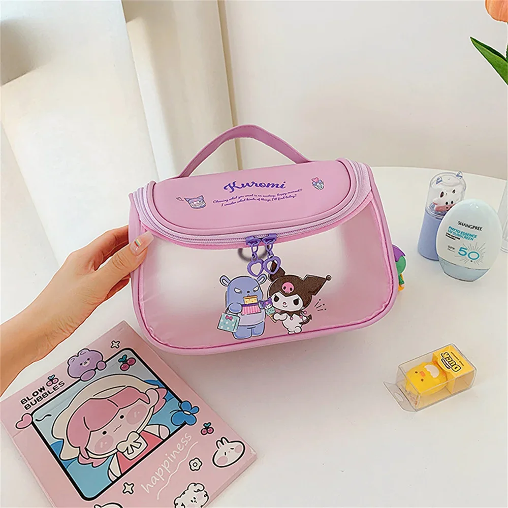 Color: Orange - Sanrio Kawaii Hello Kitty Zipper Makeup Bag Black Beauty Cinnamon Roll Large Capacity Waterproof portable Millennium Girls Wash