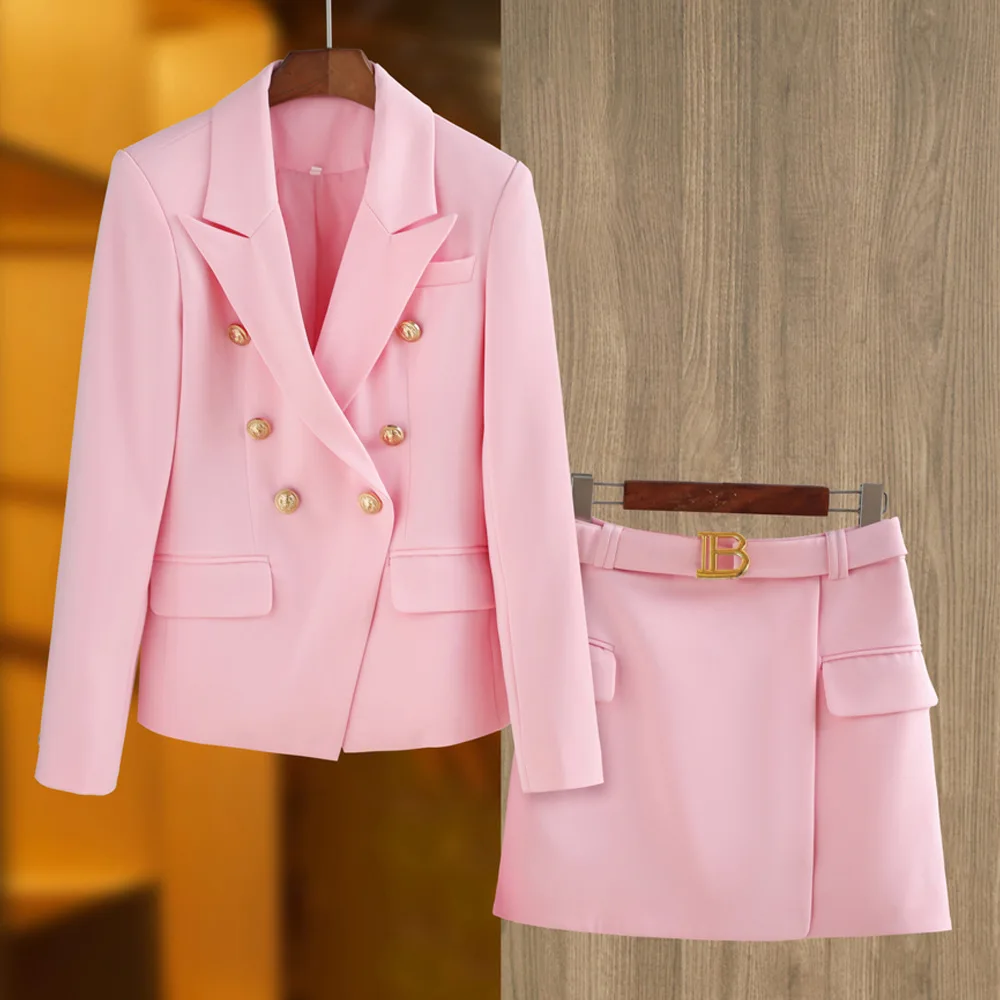 Color: PURPLE, Size: XL, Ships From: CN - New Arrival Elegant Style Lady Office Work Suit Double-breasted Long Sleeve Fitted Blazer A-line Pencil Mini Skirt Women 2Pcs