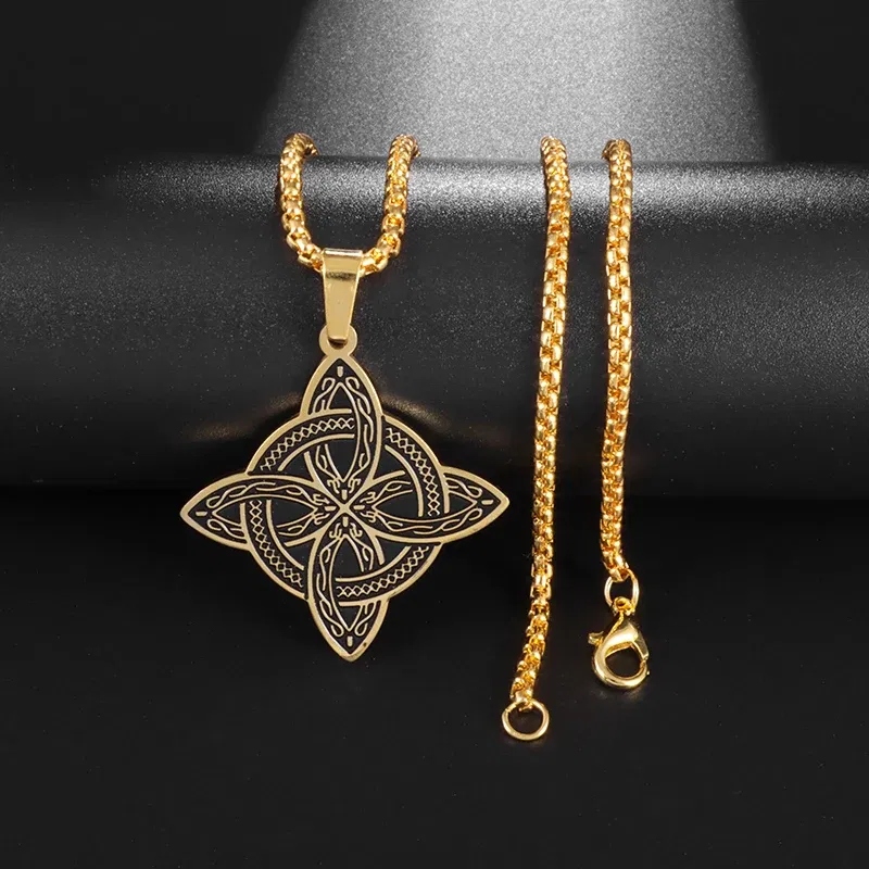 Metal Color: Titanium Plated - Stainless Steel Silver Color Pattern Witch Knot Pendant Necklace Celtic Knot Lucky Jewelry Gift for Friends Family