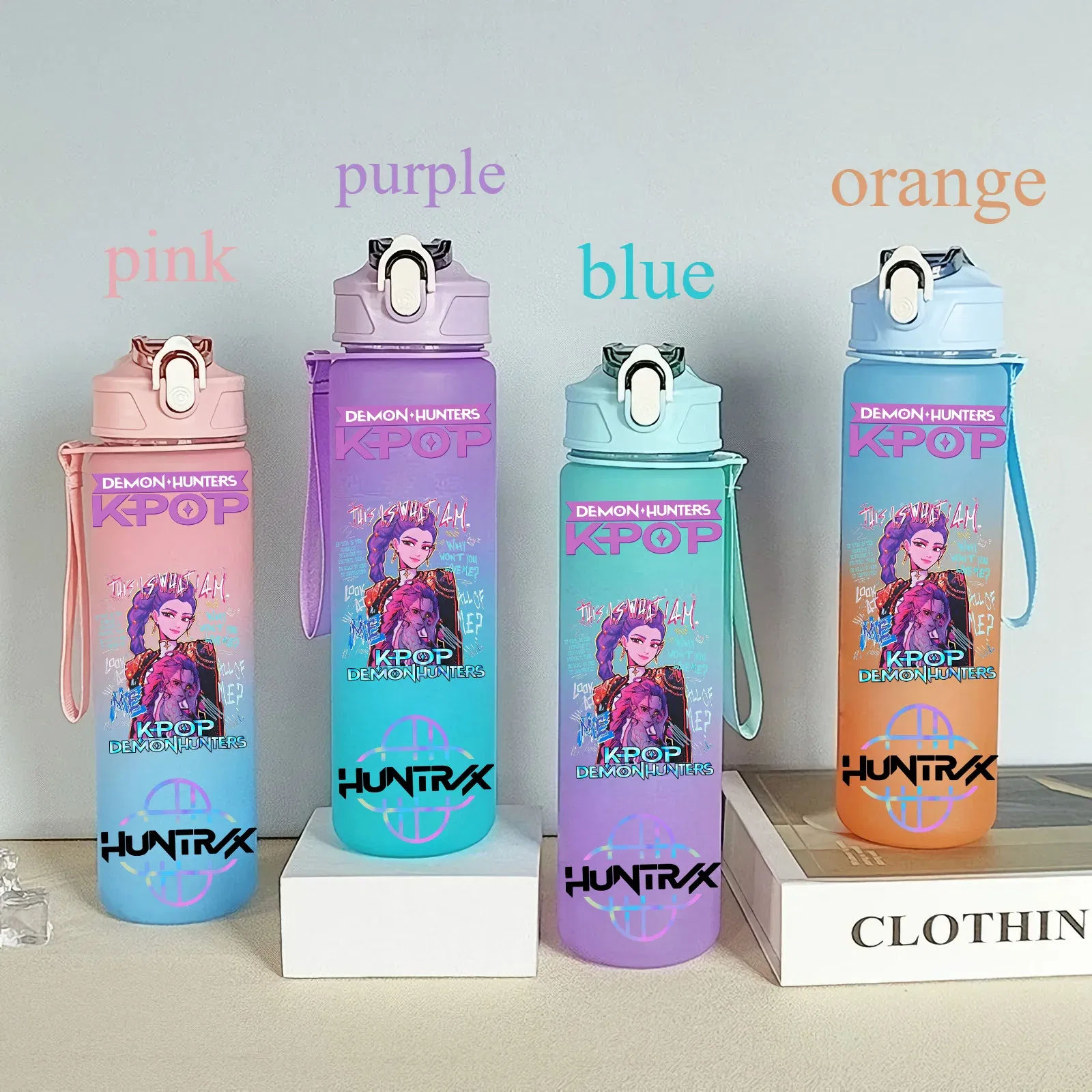Color: Fluorescent Yellow, Size: 12" - 750ML K-pop Demon Hunters HUNTR X Rumi Mira Zoey Jinu Celine Kpop Plastic Water Cup K Pop Drinking Bottle School Huntrix Gourde