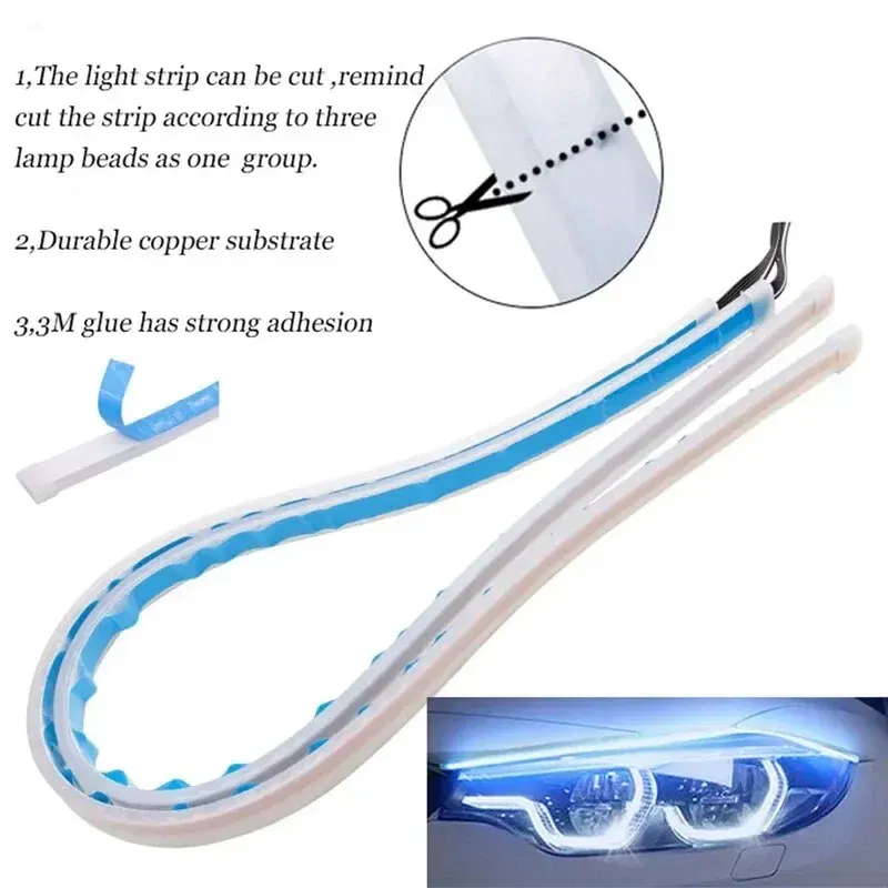 Emitting Color: DEEP BLUE - 2PCS 30CM Car Daytime Running Light Flexible Strip Ice Blue Turn Signal Yellow Brake Flow Lights DRL Auto Headlights 12v