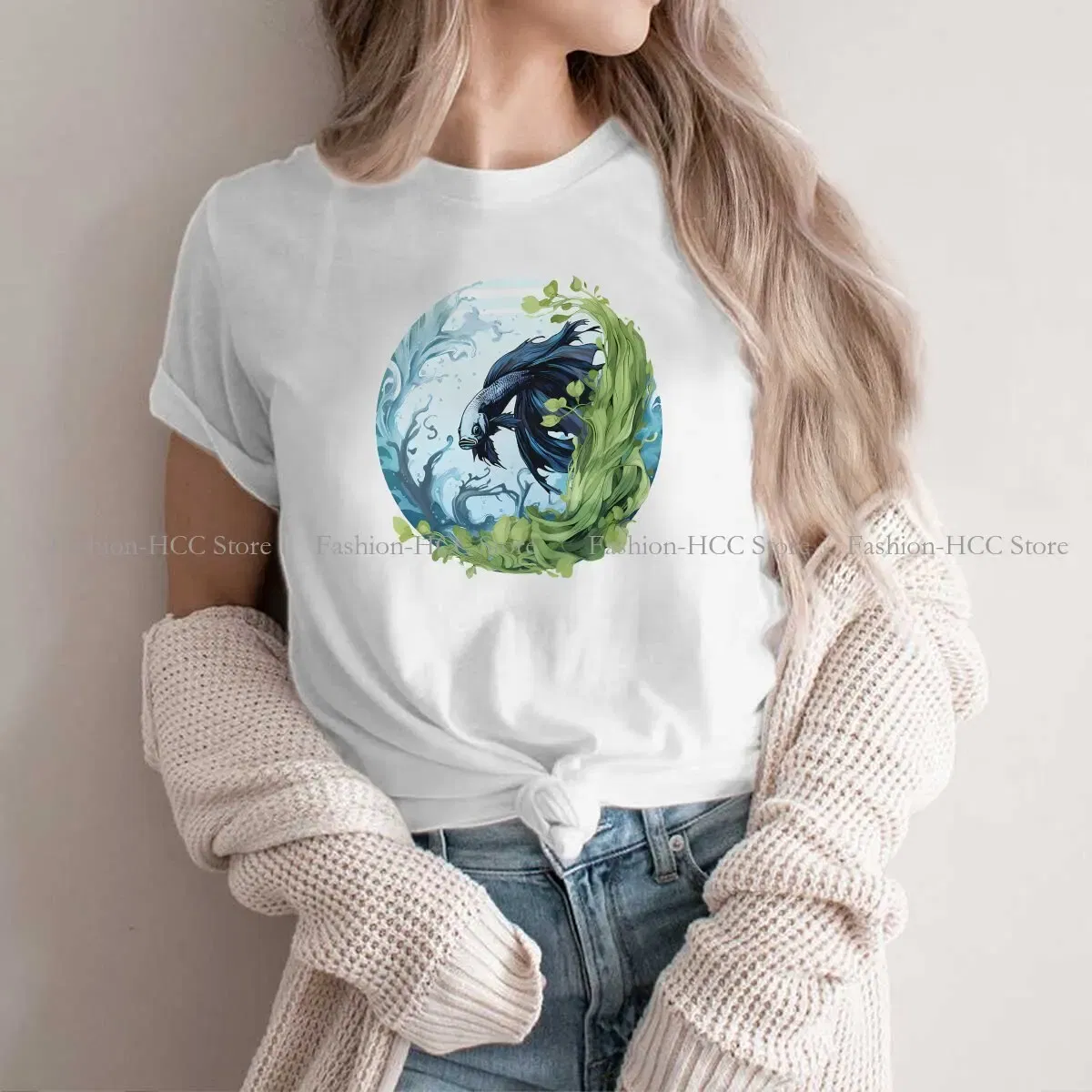 Color: WHITE, Size: L - Betta In A Bubble Hip Hop Polyester TShirt Fish Funny Cartoon Style Tops Leisure T Shirt Female Short Sleeve