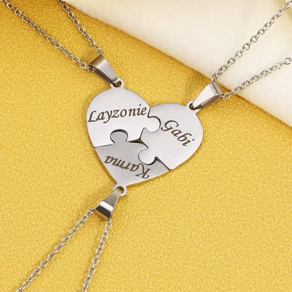 Metal Color: Blue Zinc, Length: 55cm, Main Stone Color: Gold - Personalized Charm Stainless Steel Pendant Name Jigsaw Heart Necklace for Women Jewelry for Men Family Name Chains Necklace