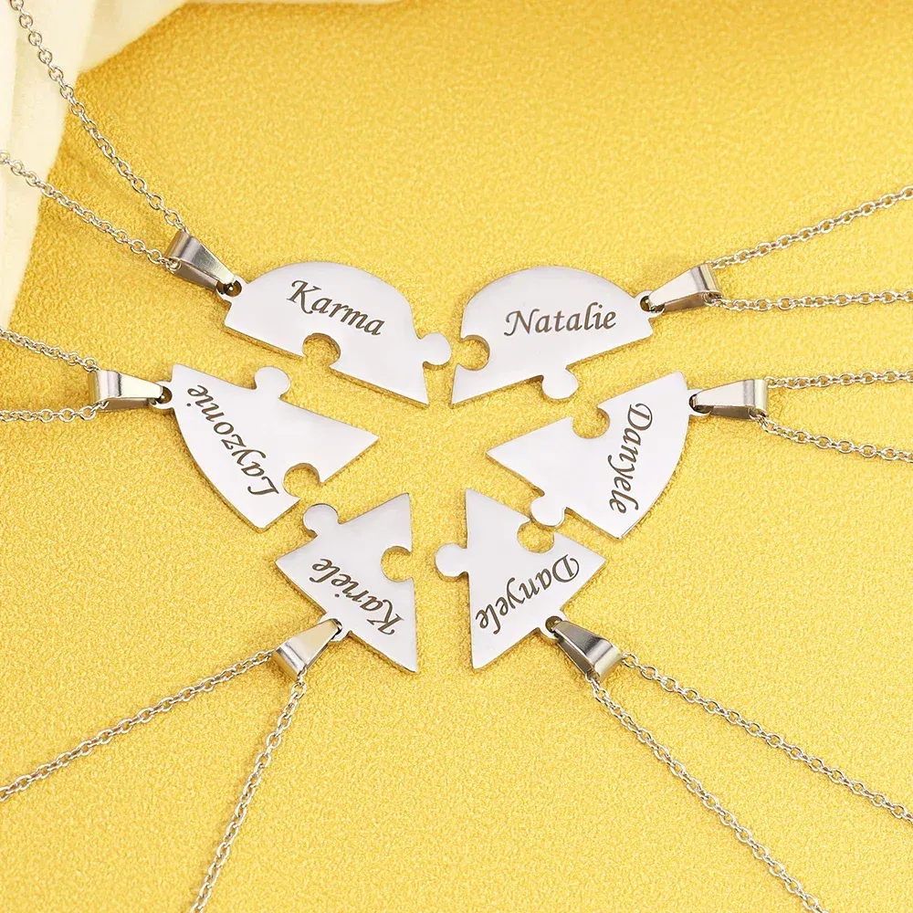 Metal Color: Blue Zinc, Length: 55cm, Main Stone Color: Gold - Personalized Charm Stainless Steel Pendant Name Jigsaw Heart Necklace for Women Jewelry for Men Family Name Chains Necklace