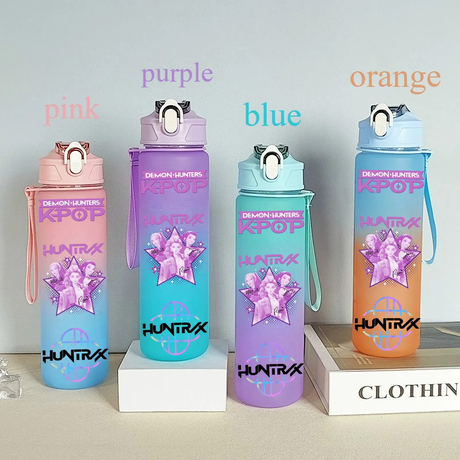 Color: DEEP BLUE, Size: 12" - 750ML K-pop Demon Hunters HUNTR X Rumi Mira Zoey Jinu Celine Kpop Plastic Water Cup K Pop Drinking Bottle School Huntrix Gourde