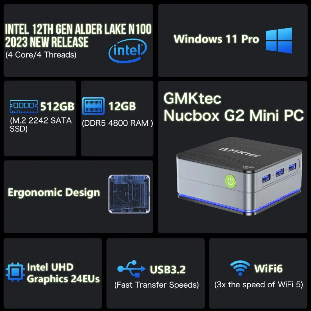 2025 GMKtec G2 Mini PC Windows 11 Pro Intel 12th Gen Alder Lake N100 Mini PC DDR5 12GB RAM 512GB ROM WiFi 6 BT5.2 Desktop