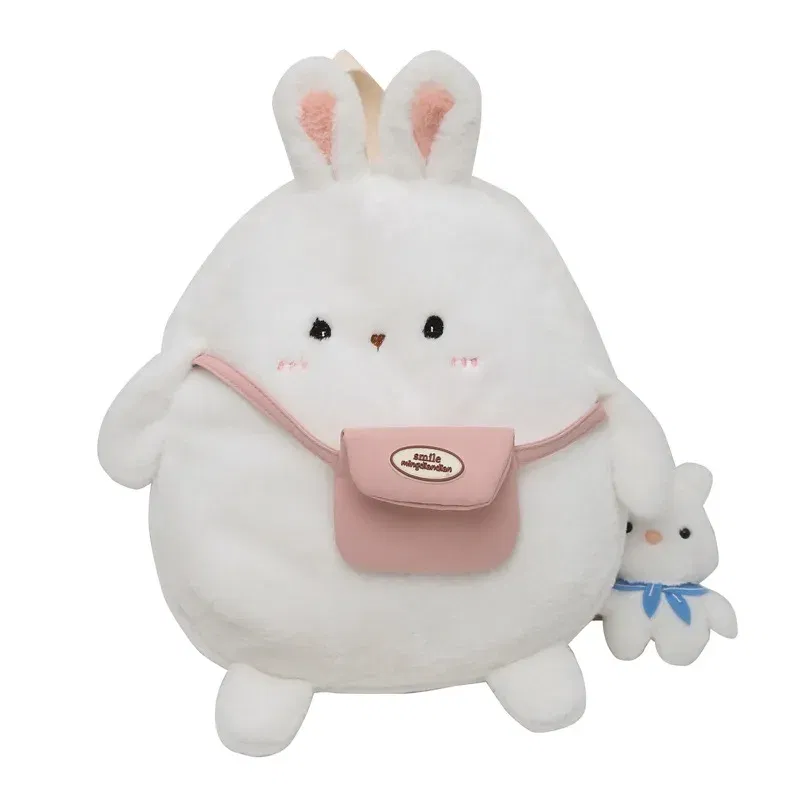 Color: WHITE - 2024 New Cartoon Plush Rabbit Backpack Girl Cute Large Capacity Soft Bag Leisure Plush Book Bag Solid Color Crossbody Bag