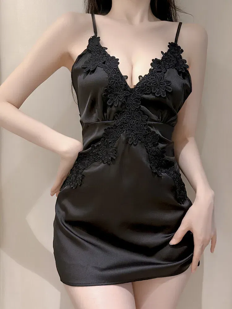 Color: WHITE, Size: M - Tank Mini Dress Fashion Korean 2023 New Sweet Lingerie Sexy V Neck Satin Lace Backless Strap Dress Elegant Tops Lace Sheer UZ38