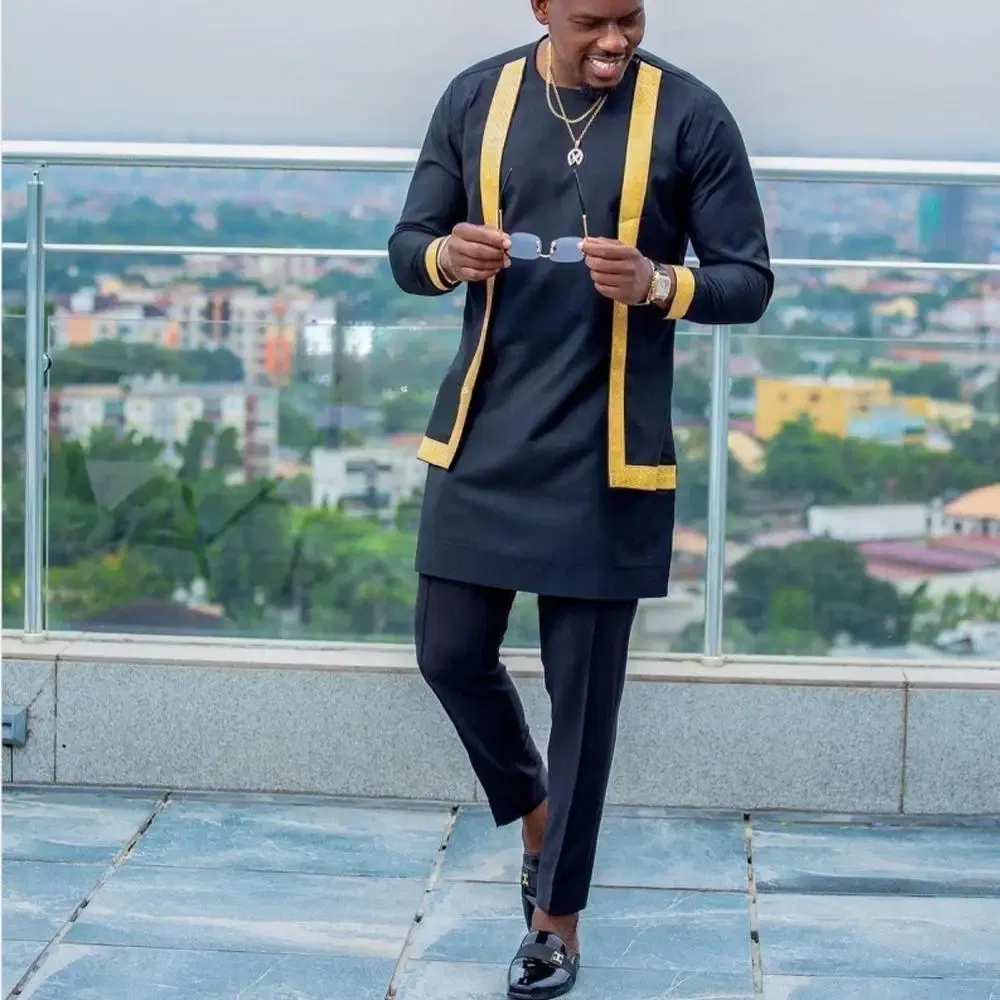 Color: Champagne, Size: XL - 2024 New African Traditional Men's Set Elegant and Fashionable Men's Suit Casual Embroidery Two Piece Set Men's Suit Kaftan