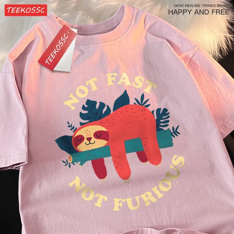 Color: Blue, Size: XXL - Not Fast Not Furious Cute Sloth Male T Shirts Hip Hop Crewneck Short Sleeve Summer Cotton Tops Casual Sweat Oversized T-Shirts