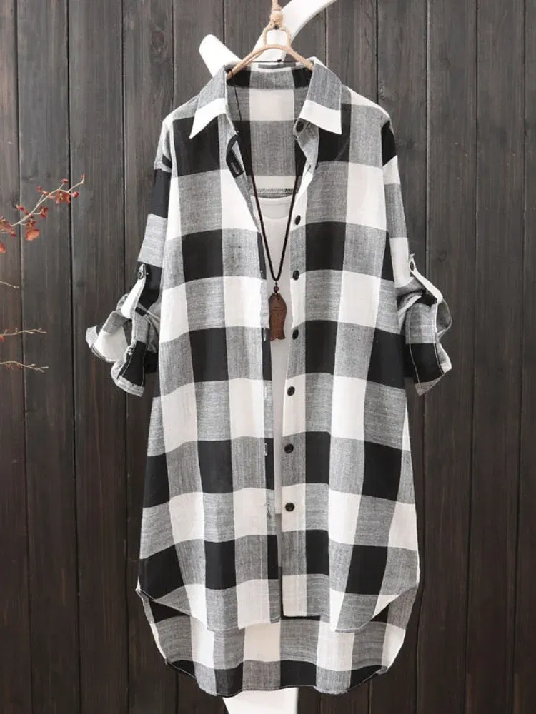 Color: MULTI, Size: L - Women's Plaid Cotton Shirt Chic Women Blouse Elegant and Youth Women's Blouses New In External Clothes Korean Style