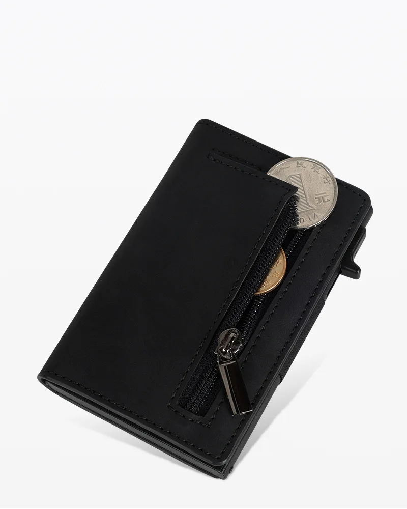 Color: Coffee - Magnetic Credit Card Holder Luxury Men Wallet Rfid Blocking Pop Up Minimalist Wallet Leather Bank Cardholder Case Vallet for Men