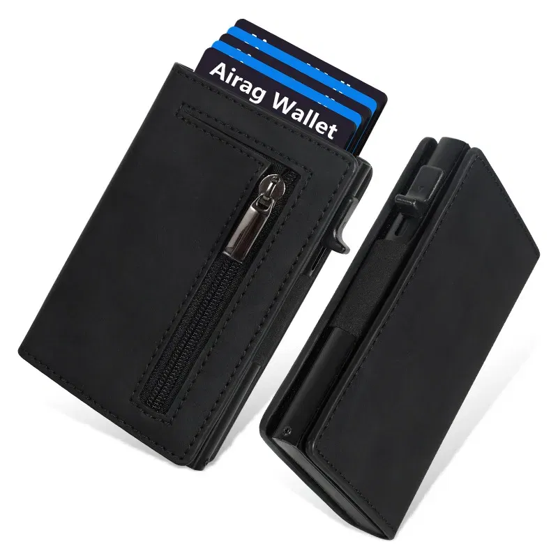 Color: Coffee - Magnetic Credit Card Holder Luxury Men Wallet Rfid Blocking Pop Up Minimalist Wallet Leather Bank Cardholder Case Vallet for Men