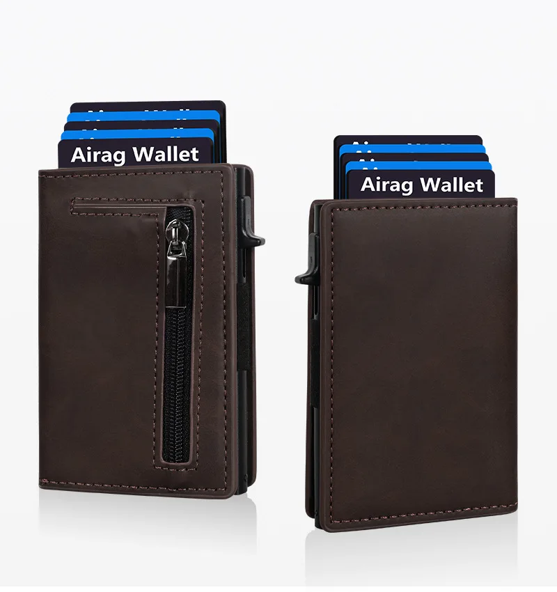 Color: Coffee - Magnetic Credit Card Holder Luxury Men Wallet Rfid Blocking Pop Up Minimalist Wallet Leather Bank Cardholder Case Vallet for Men
