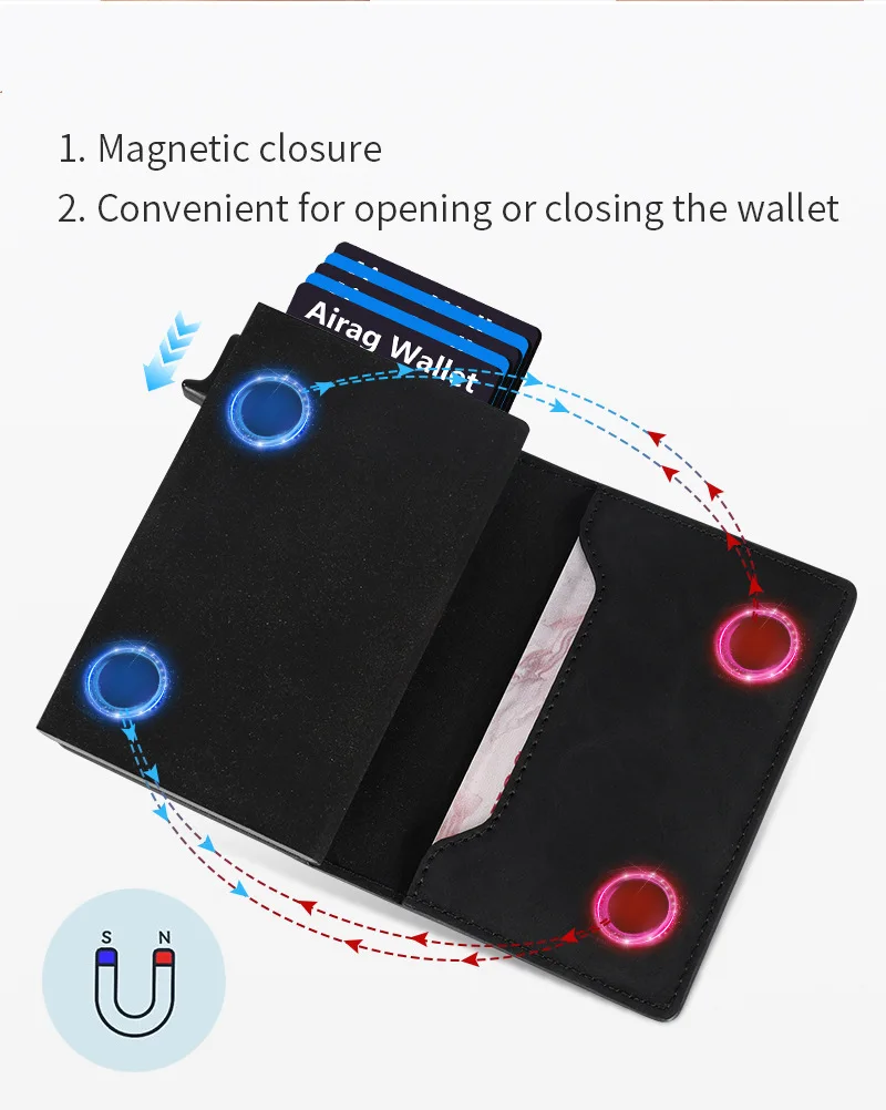 Color: Coffee - Magnetic Credit Card Holder Luxury Men Wallet Rfid Blocking Pop Up Minimalist Wallet Leather Bank Cardholder Case Vallet for Men