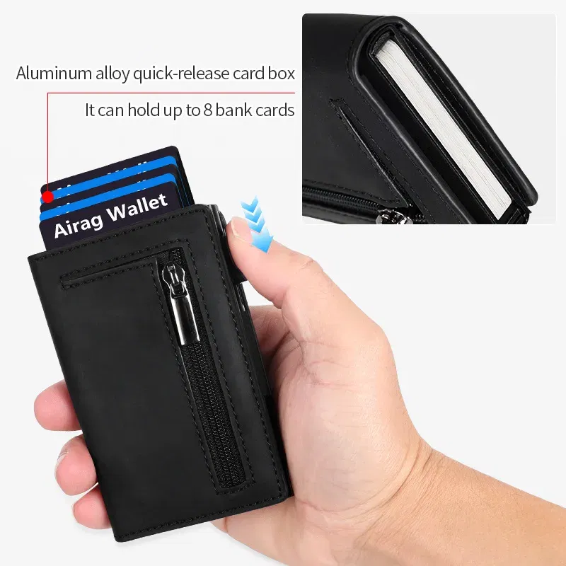 Color: Coffee - Magnetic Credit Card Holder Luxury Men Wallet Rfid Blocking Pop Up Minimalist Wallet Leather Bank Cardholder Case Vallet for Men