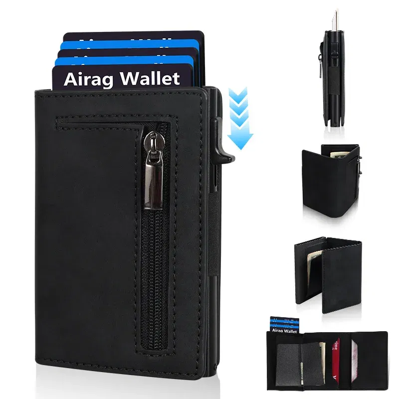 Color: Coffee - Magnetic Credit Card Holder Luxury Men Wallet Rfid Blocking Pop Up Minimalist Wallet Leather Bank Cardholder Case Vallet for Men