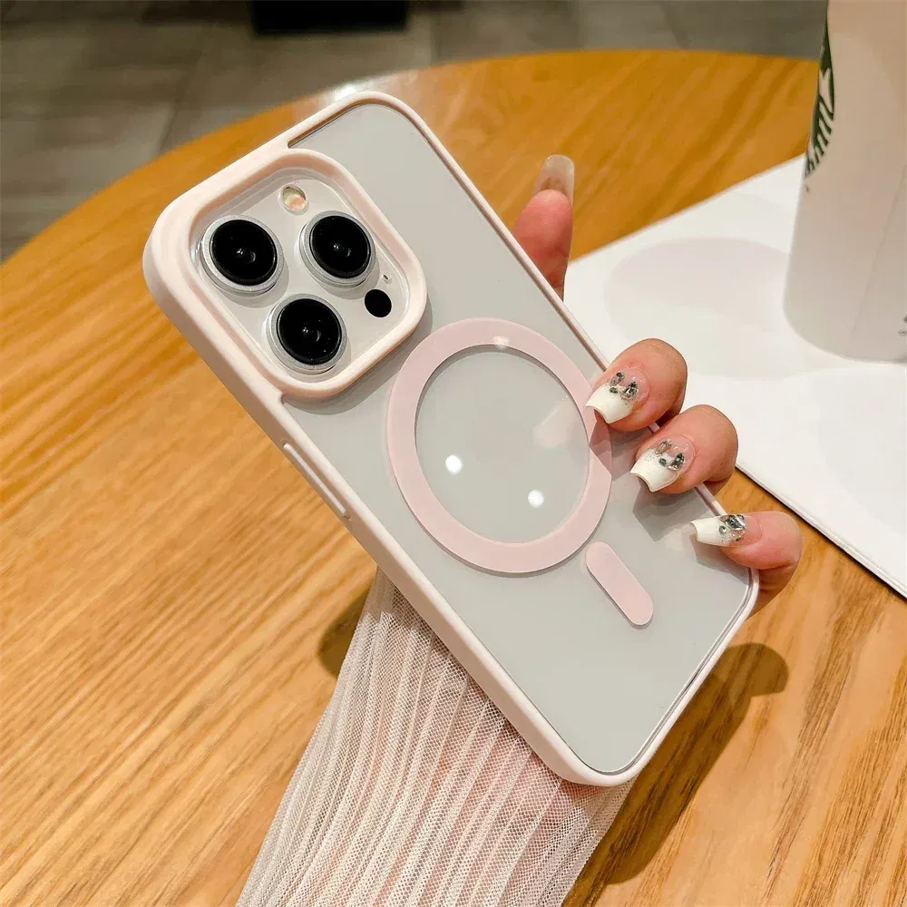 Color: Pink, Material: aluminum - Luxury Shockproof Magsafe Wireless Charge Case for iPhone 17 Air 16 15 14 Plus 13 12 Mini 11 Pro Max Clear Magnetic Bumper Cover