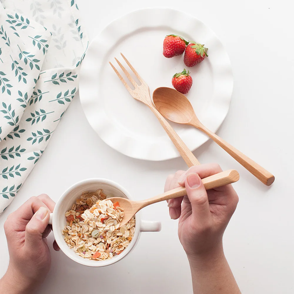 Color: green - Creative Design Thick Handle Wood Spoon Fork Portable Tableware Wooden Cutlery Sets Travel Dinnerware Environmental Kitchen Tool