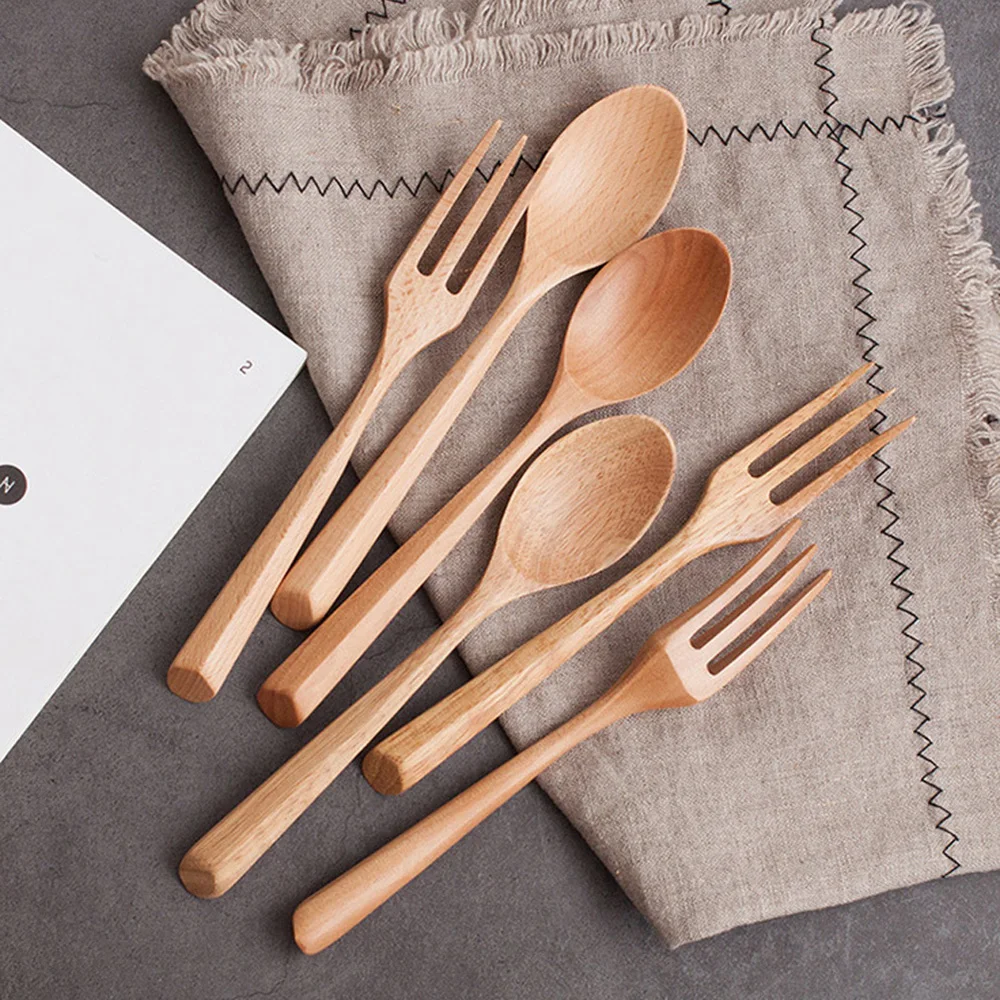 Color: green - Creative Design Thick Handle Wood Spoon Fork Portable Tableware Wooden Cutlery Sets Travel Dinnerware Environmental Kitchen Tool