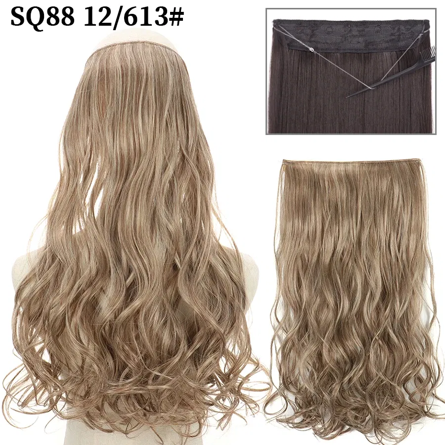 Color: #144, Stretched Length: 16inches, Ships From: CHINA - Synthetic Natural Wavy No Clip Fish Line Invisible Hair Extensions Mixed Color Blonde Black Artificial False Hair Piece ForWomen