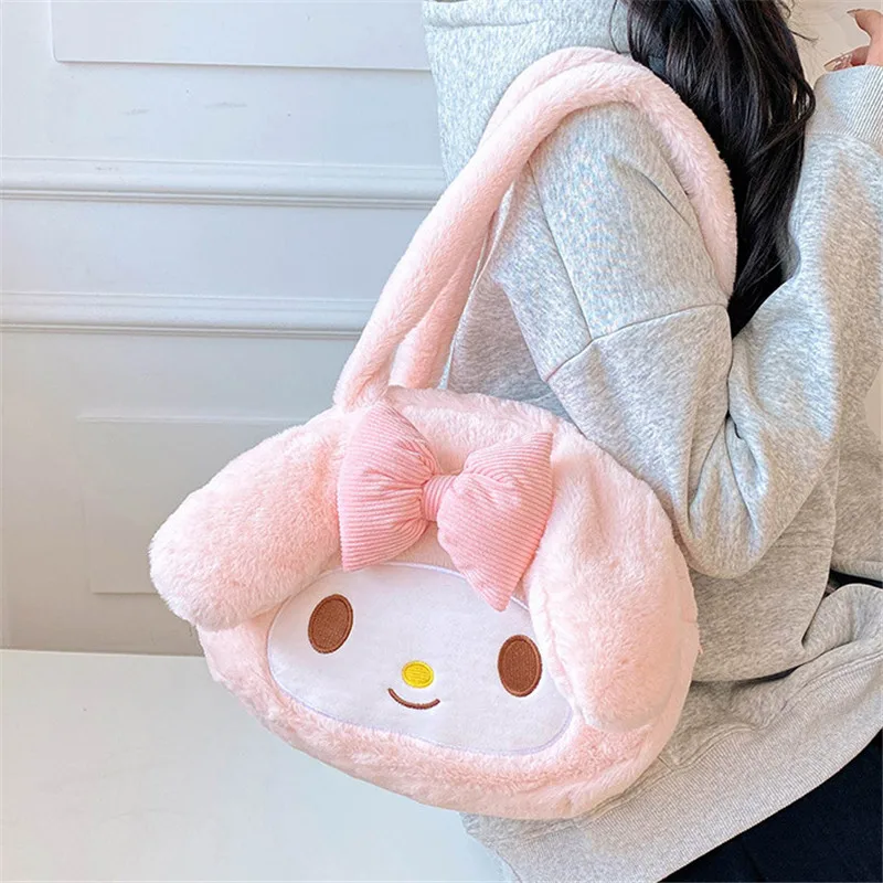 Color: Brown - Kawaii Sanrio Plush Cinnamoroll Melody Kuromi Tote Handbags Shoulder Bags Women Fashion Female Messenger Bag Purses Xmas Gifts