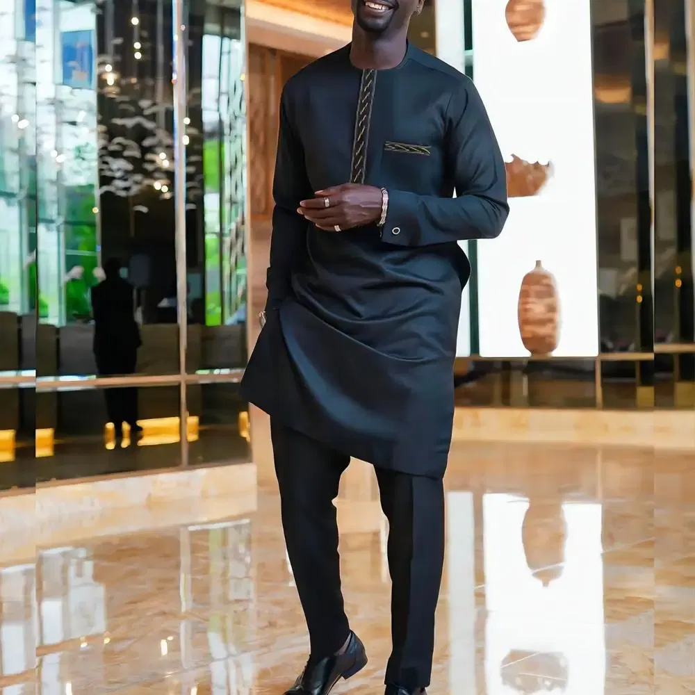 Color: Turquoise, Size: XL - 2024 New African Traditional Men's Set Elegant and Fashionable Men's Suit Casual Embroidery Two Piece Set Men's Suit Kaftan