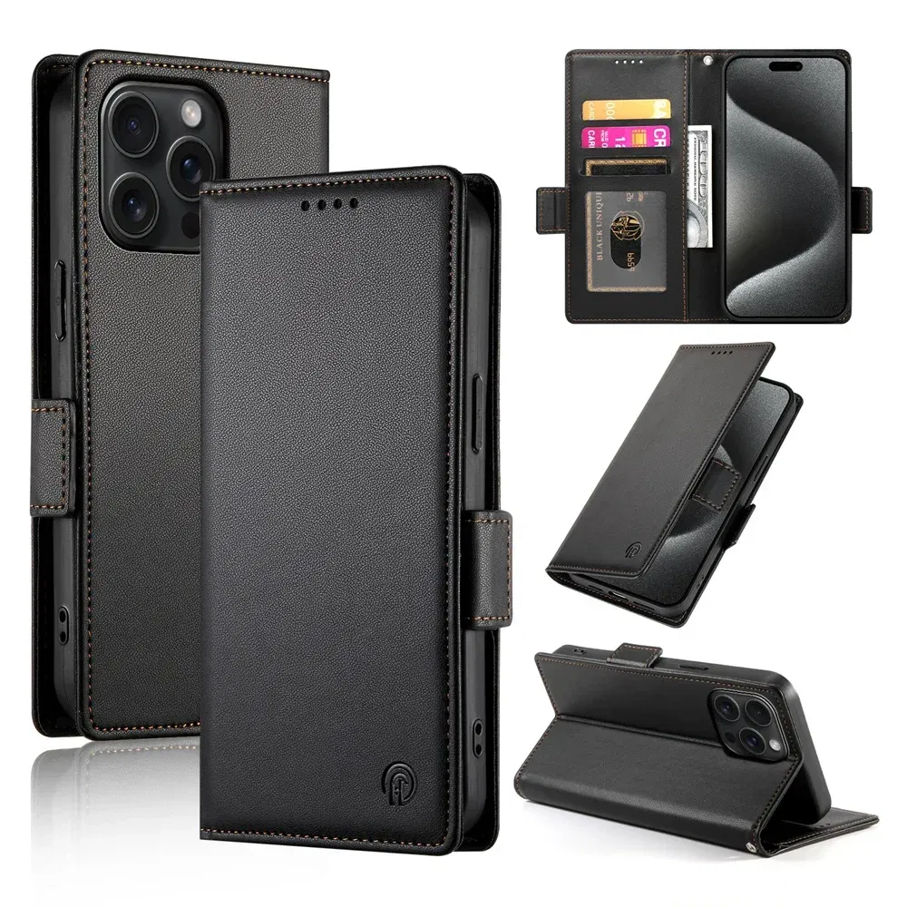 Color: black, Material: POLYESTER - PU Leather Flip Phone Case For iPhone 16 15 Pro Max 16E 14 13 1211 XS Max XR X 8 7 Plus SE KickStand Cards Solt Wallet Cover