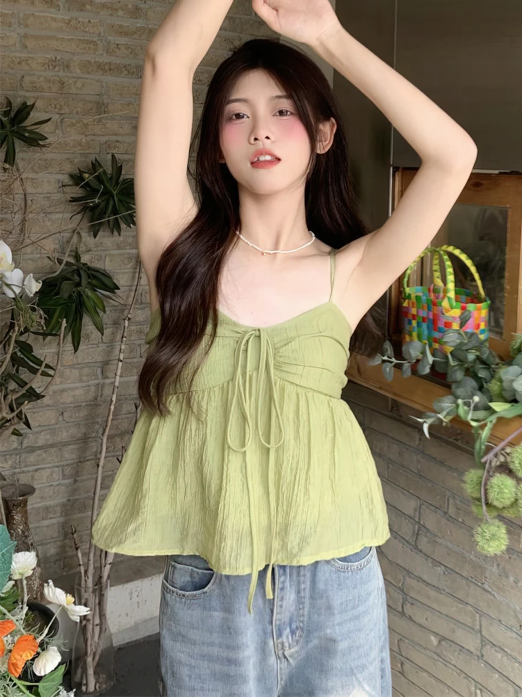 Color: Beige, Size: S - Women Linen Sweet Babydoll Ruffle Crop Sleeveless Top Thin Strap Front Bow Ties Flowy Camis Female Korean Tank Top