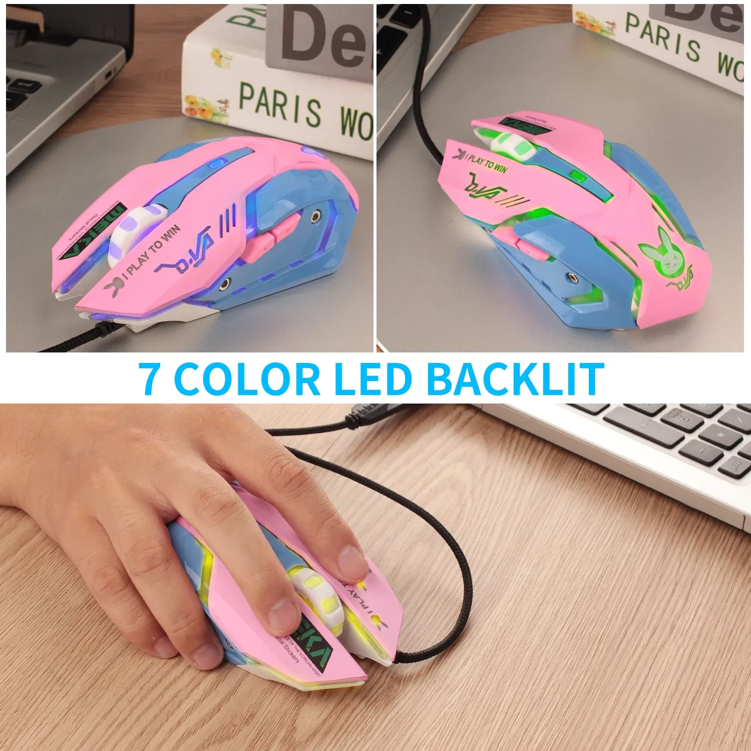 Color: Red - 2400DPI Gaming Mouse Color Backlit Silent Mouse USB Wired Gaming Mouse Pink Computer Professional for Lol Data Laptop