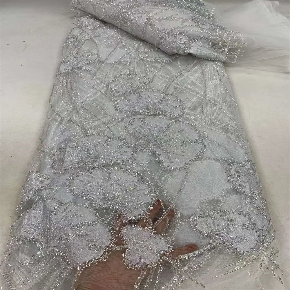 2024 New African Tulle Lace Sequinsd New High Class Beads France Hot Sale Lace Nigerian Handmade Party Bride Wedding Dresses