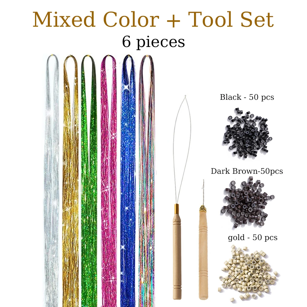 Color: #2, Stretched Length: 26inches - 48 Inch Hair Tinsel Kit With Tool 1200 strands Tinsel Hair Extensions 12 Colors Fairy Hair Tinsel, Sparkling Shiny Hair Tinsel