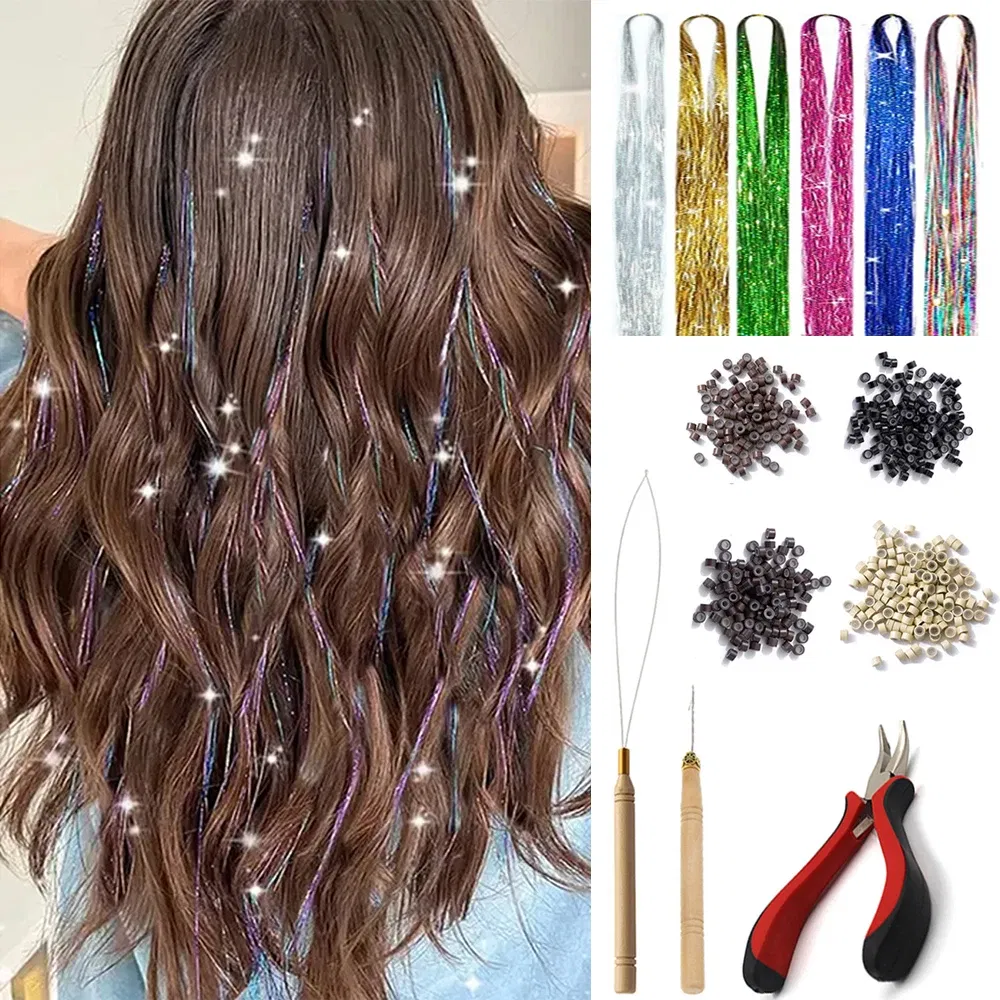 Color: #2, Stretched Length: 26inches - 48 Inch Hair Tinsel Kit With Tool 1200 strands Tinsel Hair Extensions 12 Colors Fairy Hair Tinsel, Sparkling Shiny Hair Tinsel