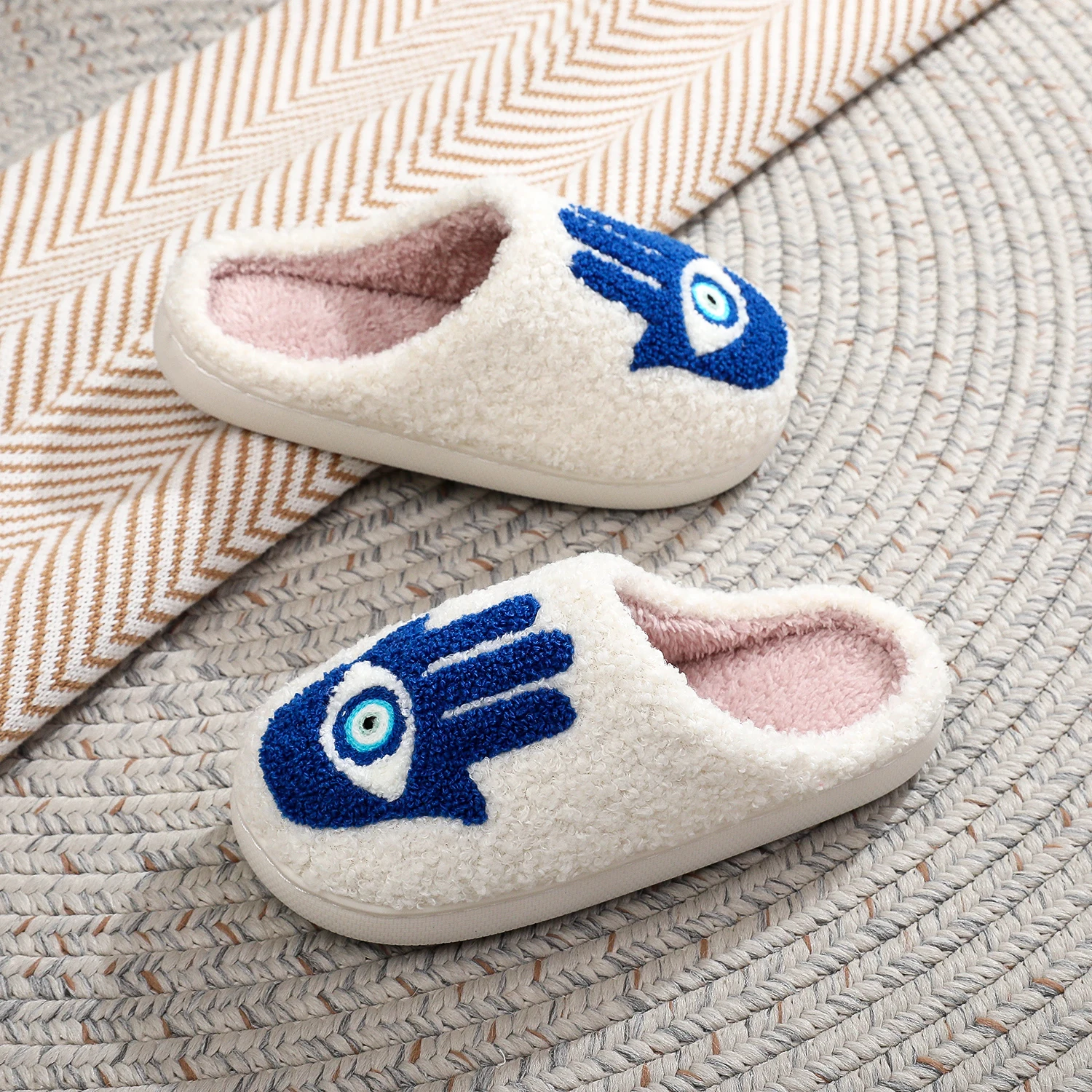 Color: Blue, Shoe Size: 42 - Winter Funny Palm Fur Slippers Home Home Wear-Resistant Non-Slip Plus Velvet Thick Bottom Cotton Slippers