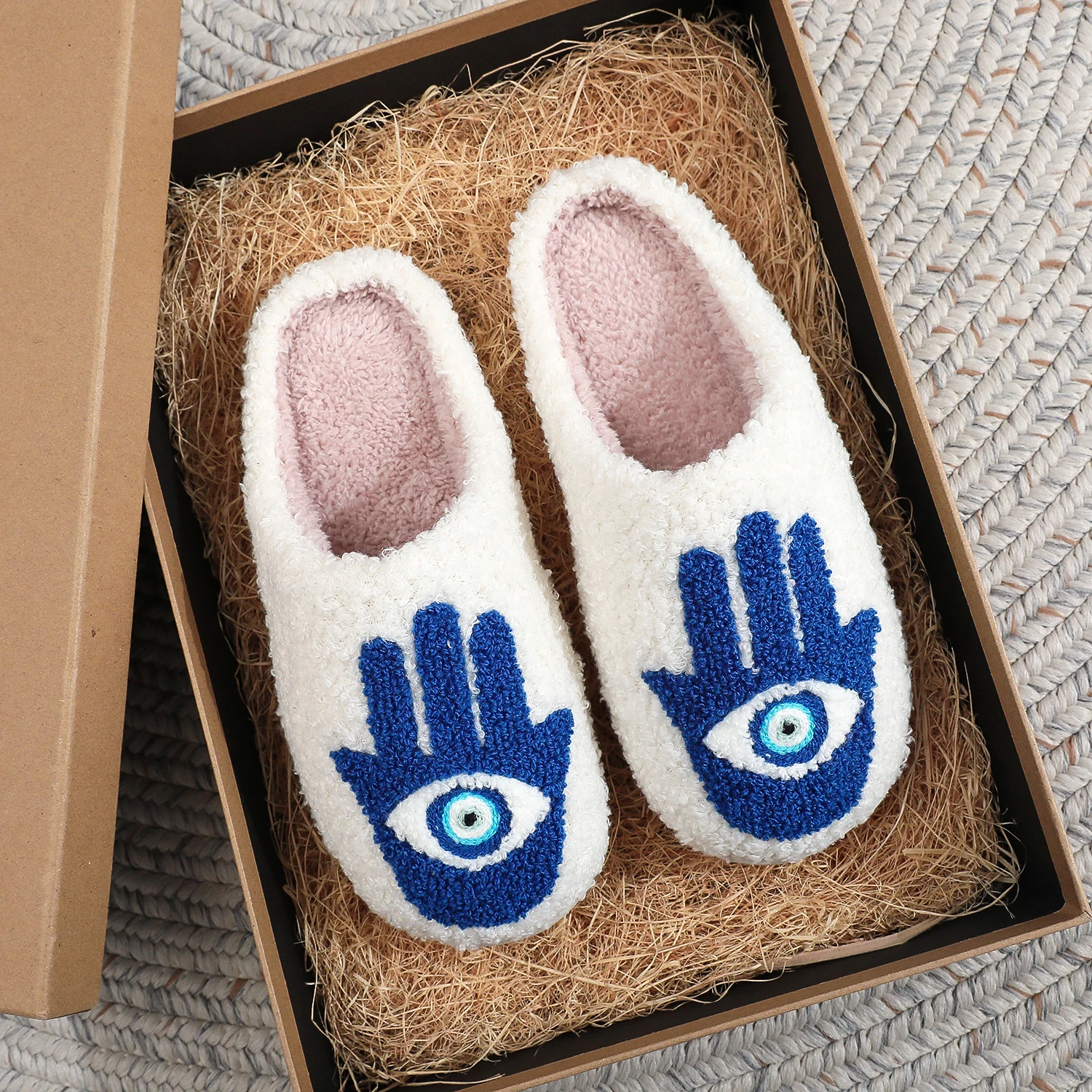 Color: Blue, Shoe Size: 42 - Winter Funny Palm Fur Slippers Home Home Wear-Resistant Non-Slip Plus Velvet Thick Bottom Cotton Slippers
