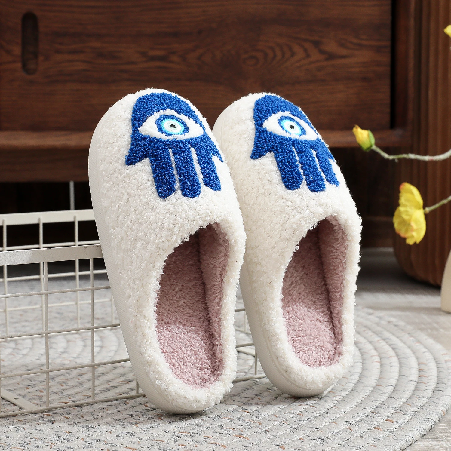 Color: Blue, Shoe Size: 42 - Winter Funny Palm Fur Slippers Home Home Wear-Resistant Non-Slip Plus Velvet Thick Bottom Cotton Slippers