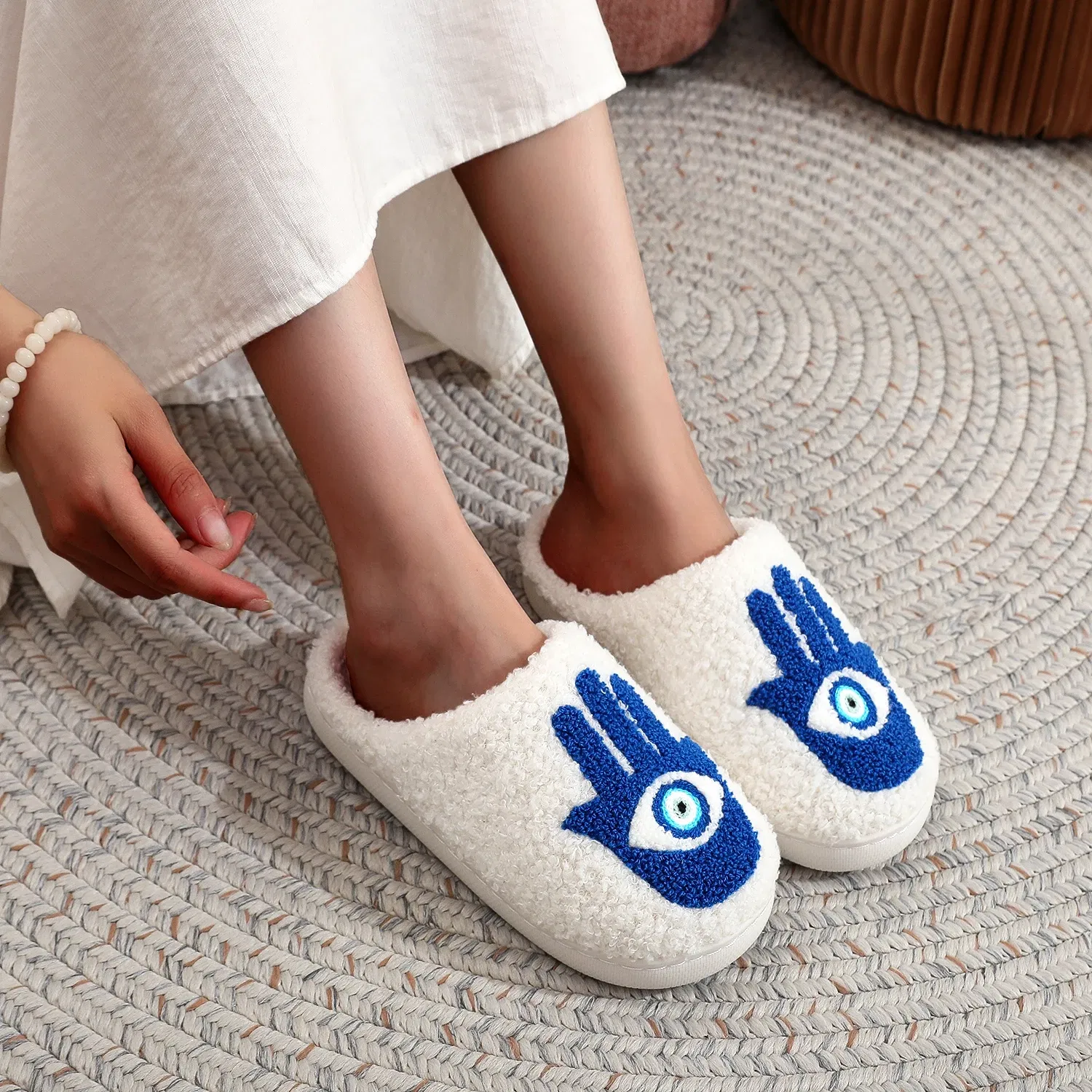 Color: Blue, Shoe Size: 42 - Winter Funny Palm Fur Slippers Home Home Wear-Resistant Non-Slip Plus Velvet Thick Bottom Cotton Slippers